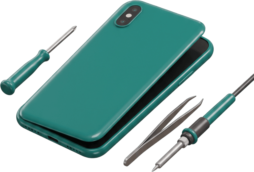 Celular en reparación con destornillador, pinza y soldador