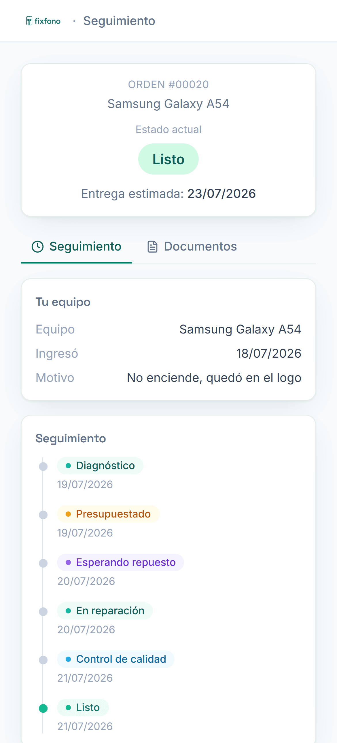El cliente sigue su reparación desde el celular: estado actual y los pasos por los que pasó el equipo.