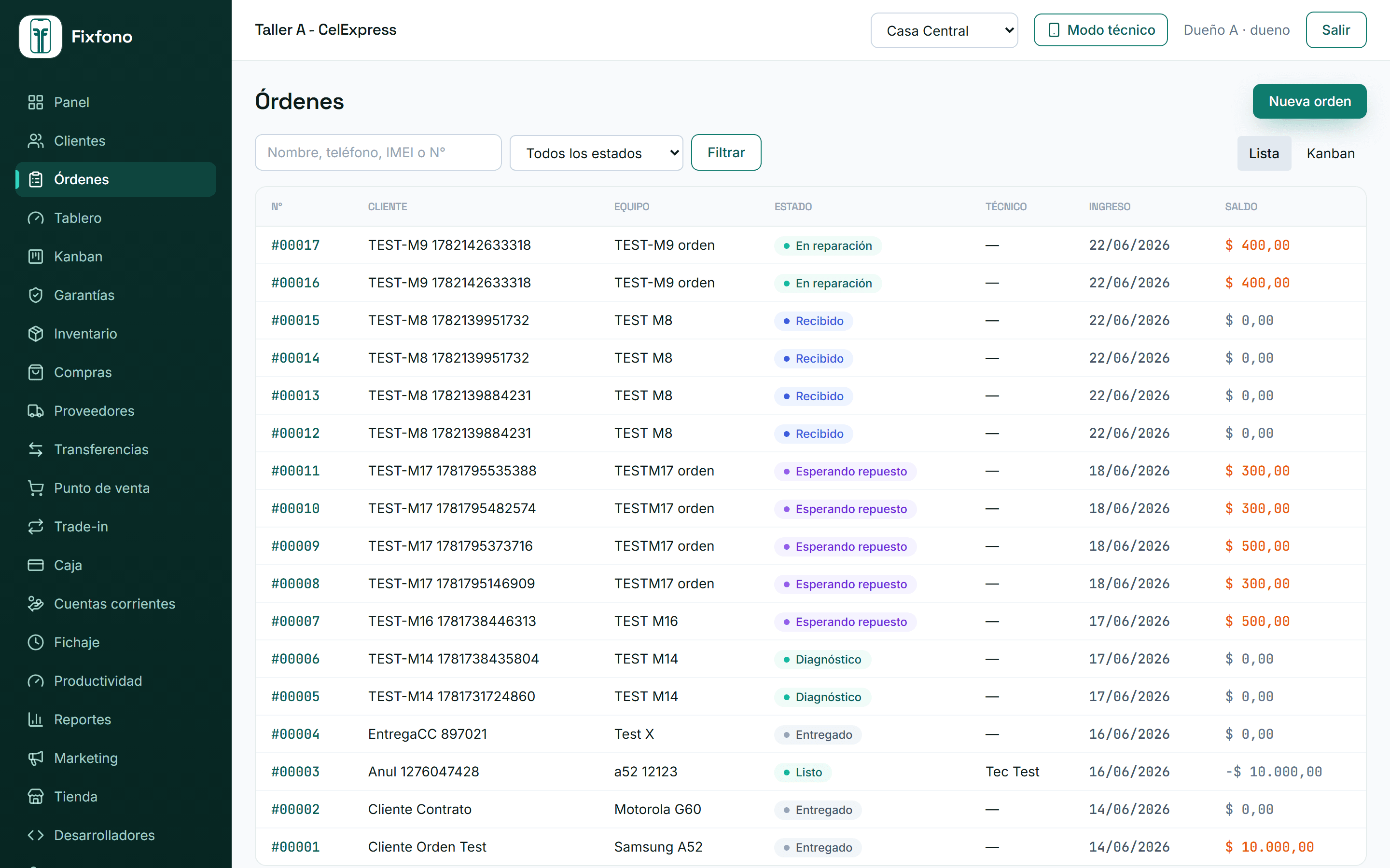 Fixfono — Órdenes con estados (datos de demostración).